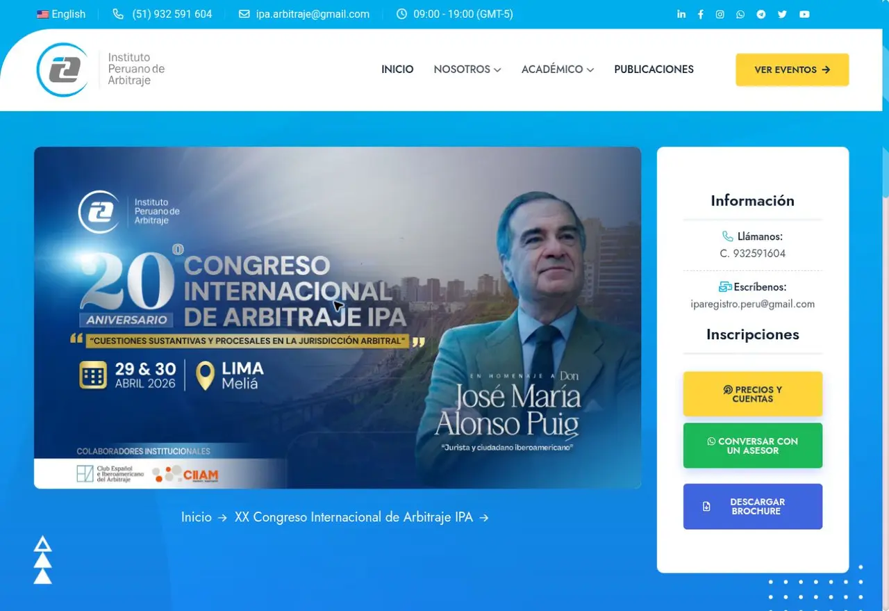 Página del XX Congreso Internacional de Arbitraje IPA